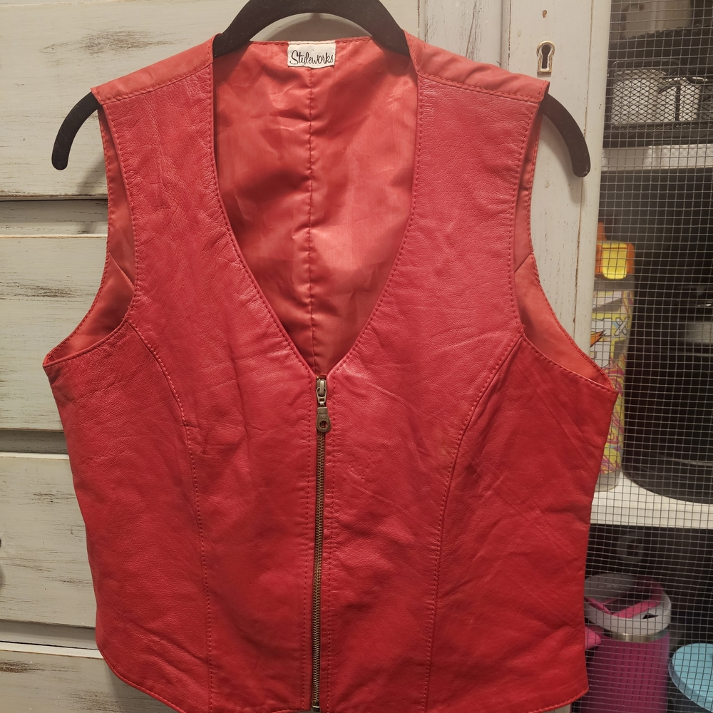 Vintage Red Genuine Leather Zip Up Vest Christmas Party Piece Quality Ykk Zipper